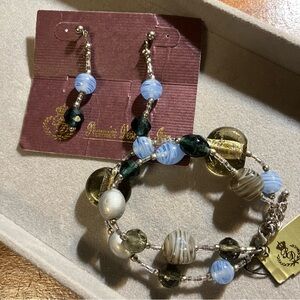 NWT Premier Designs Lakeside Glass Bead Bracelet & Earrings Set Blue Tan